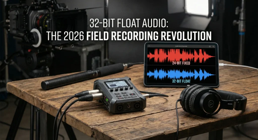 A professional 2026 field recording setup featuring a Zoom F3 audio recorder, a shotgun microphone, and studio headphones on a wooden table. A tablet in the background displays a side-by-side waveform comparison: "24-BIT FIXED" (clipping in red) vs. "32-BIT FLOAT" (clean in blue). Text overlay: "32-BIT FLOAT AUDIO: THE 2026 FIELD RECORDING REVOLUTION."