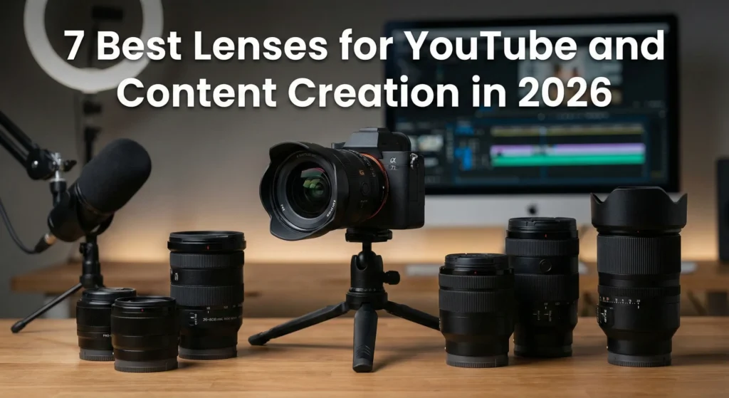 FieldSuggested ContentAlt TextA professional content creation desk setup featuring a Sony camera on a tripod and several lenses (Sigma, Sony, Tamron) lined up. A ring light and computer monitor with video editing software are visible in the background. Text overlay: "7 Best Lenses for YouTube and Content Creation in 2026."