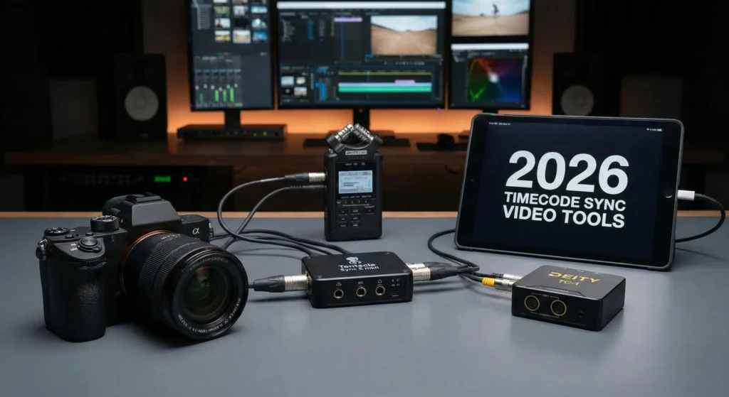 A 2026 multi-camera timecode sync setup featuring a Sony mirrorless camera, a Tentacle Sync E mkII, a Deity TC-1 sync box, and an audio recorder. In the background, a professional video editing suite shows DaVinci Resolve. A central tablet displays: "2026 TIMECODE SYNC VIDEO TOOLS."