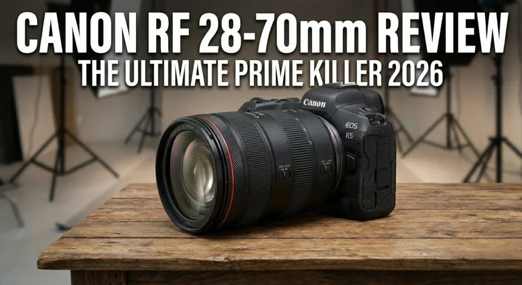 A professional Canon EOS R5 mirrorless camera with the large Canon RF 28-70mm f/2L lens on a wooden table in a photo studio. Bold text overlay reads "Canon RF 28-70mm Review: The Ultimate Prime Killer 2026."