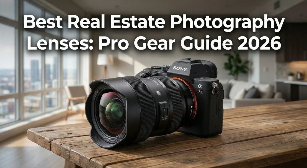 A professional Sony mirrorless camera equipped with a Sigma 14-24mm f/2.8 DG DN Art lens sitting on a wooden table in a modern, sunlit living room. Text overlay reads "Best Real Estate Photography Lenses: Pro Gear Guide 2026."