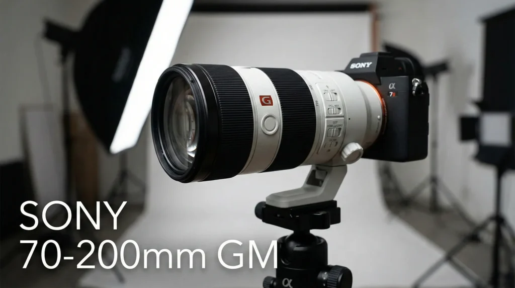 A white Sony FE 70-200mm f/2.8 GM OSS II telephoto lens mounted on a Sony Alpha mirrorless camera, supported by a tripod in a professional studio. Text overlay reads "Sony 70-200mm GM Review: The Ultimate Telephoto 2026."