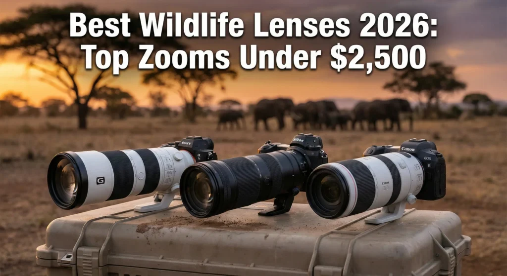 Three professional telephoto zoom lenses (Sony 200-600mm, Nikon 180-600mm, and Canon 200-800mm) resting on a rugged equipment case in a savanna at sunset with elephants in the background. Text overlay: "Best Wildlife Lenses 2026: Top Zooms Under $2,500."