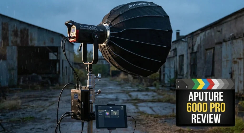 An Aputure 600d Pro LED light with a Light Dome softbox set up on a rainy, urban industrial film set. The IP65-rated light is mounted on a C-stand, with its rugged control box and an iPad running the Sidus Link app visible. A clapperboard in the foreground reads "APUTURE 600D PRO REVIEW."