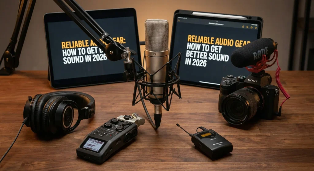 A professional 2026 audio recording setup on a wooden desk. The scene includes a large-diaphragm condenser microphone on a boom arm, a digital field recorder, a wireless lavalier transmitter, professional studio headphones, and a Sony mirrorless camera with a shotgun microphone. Two tablets in the background display the title "RELIABLE AUDIO GEAR: HOW TO GET BETTER SOUND IN 2026."