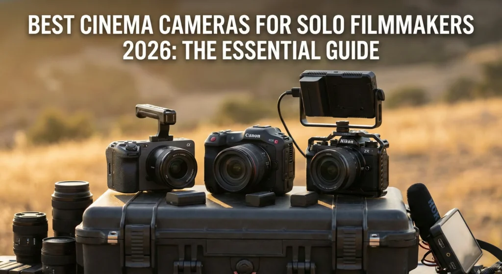 A professional comparison of solo-filmmaker cinema cameras featuring the Sony FX3, the Canon EOS C80 (with internal NDs), and the Nikon ZR (RED-integrated) on a hard-shell equipment case in a golden hour field. Text overlay: "Best Cinema Cameras for Solo Filmmakers 2026: The Essential Guide."