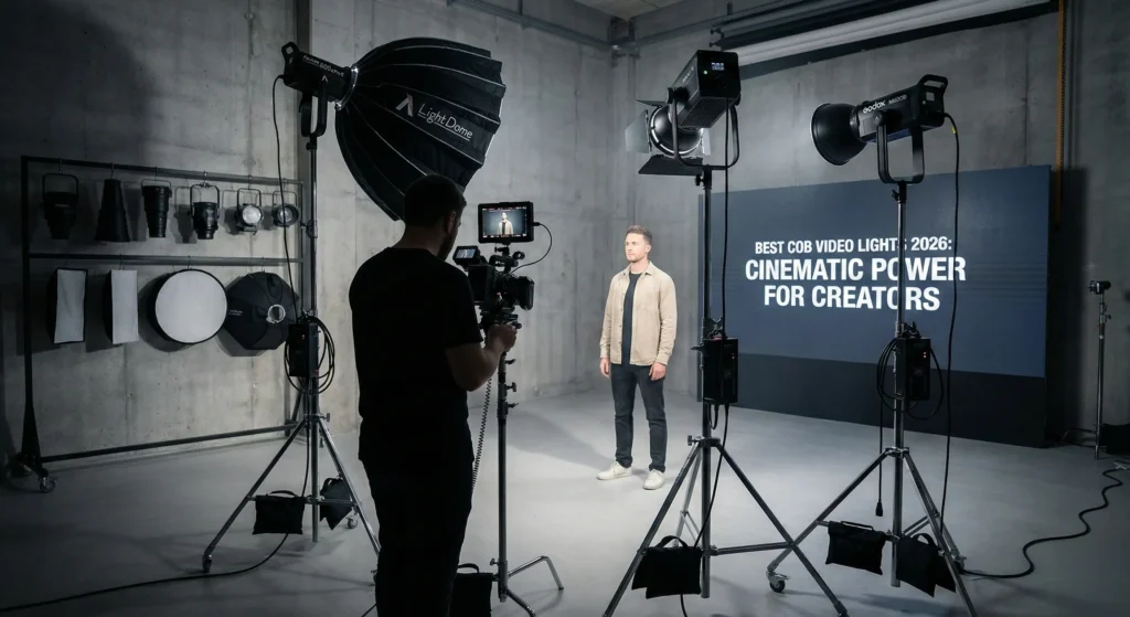 A professional 2026 film set featuring multiple COB video lights. A cinematographer operates a rigged cinema camera while a subject stands in a pool of light. The setup includes an Aputure LS 600d Pro II with a Light Dome III, a Nanlite Forza 720B with barn doors, and a Godox Knowled M600Bi. A large backdrop screen reads: "BEST COB VIDEO LIGHTS 2026: CINEMATIC POWER FOR CREATORS."