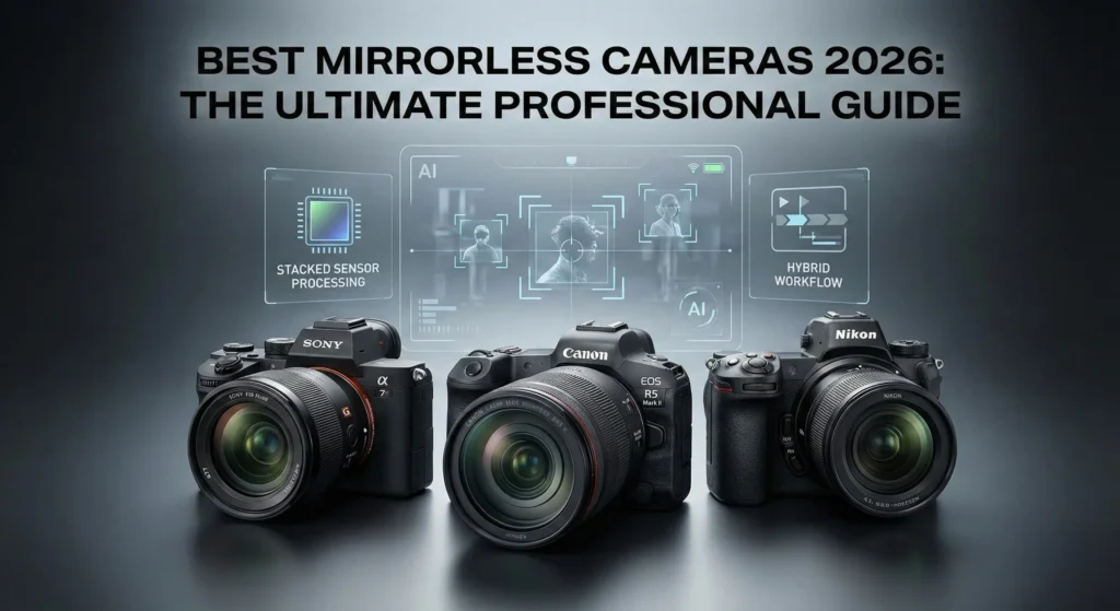 A high-end comparison of professional mirrorless cameras for 2026 featuring the Sony a7 V, Canon EOS R5 Mark II, and Nikon Z9. The background shows digital HUD overlays for "AI Eye-AF," "Stacked Sensor Processing," and "Hybrid Workflow." Text overlay: "Best Mirrorless Cameras 2026: The Ultimate Professional Guide."