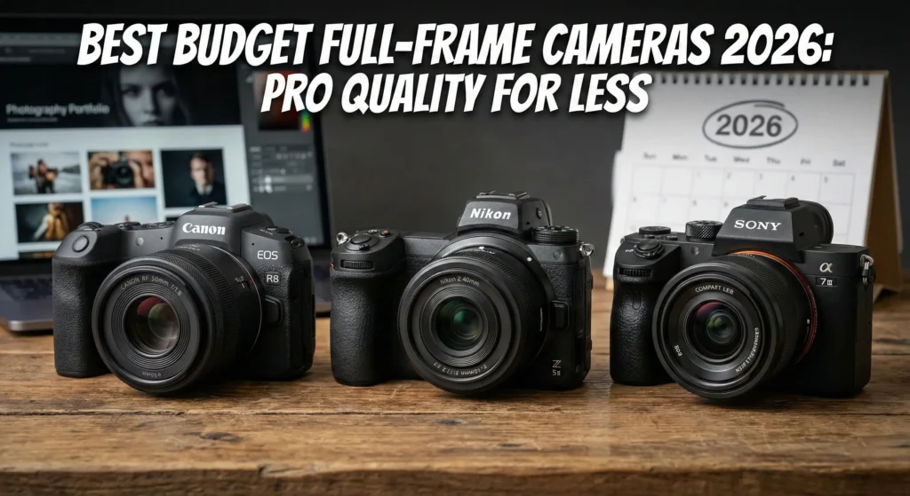 A professional comparison of budget full-frame mirrorless cameras featuring the Canon EOS R8, Nikon Z5 II, and Sony Alpha a7 III displayed on a wooden table in a studio with a laptop and a 2026 desk calendar. Text overlay: "Best Budget Full-Frame Cameras 2026: Pro Quality for Less."