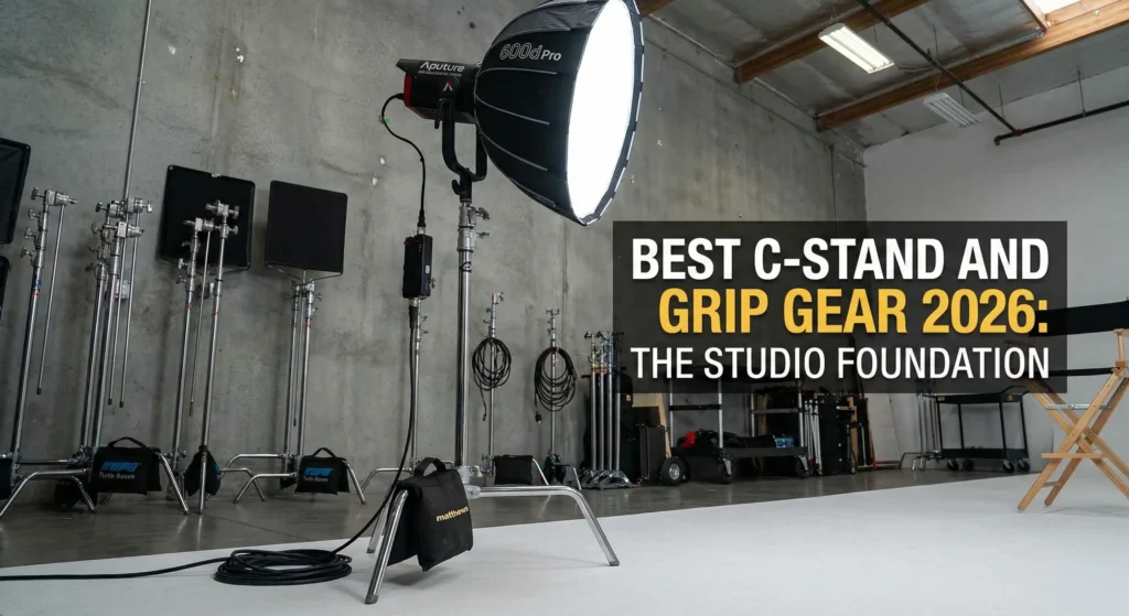 A professional 2026 film studio setup featuring a Matthews 40-inch C-stand with a grip arm, turtle base, and safety sandbags. Multiple stands are nested in the background. Text overlay: "BEST C-STAND AND GRIP GEAR 2026: THE STUDIO FOUNDATION."