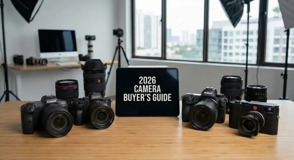 A professional camera buyer's guide setup on a wooden table featuring the Canon R5 II, Sony a7 V, Nikon Z8, and Leica M11. A central tablet displays the text "2026 Camera Buyer's Guide" with a blurred photography studio and soft lighting in the background.
