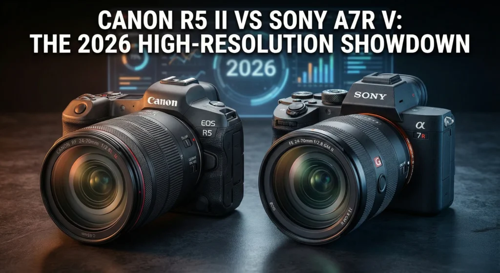 A side-by-side comparison photograph of the Canon EOS R5 Mark II with a Canon RF 24-70mm f/2.8L IS USM lens and the Sony Alpha 7R V with a Sony FE 24-70mm f/2.8 GM II lens. In the background, a digital data screen displays graphs and the text '2026 HIGH-RESOLUTION SHOWDOWN'