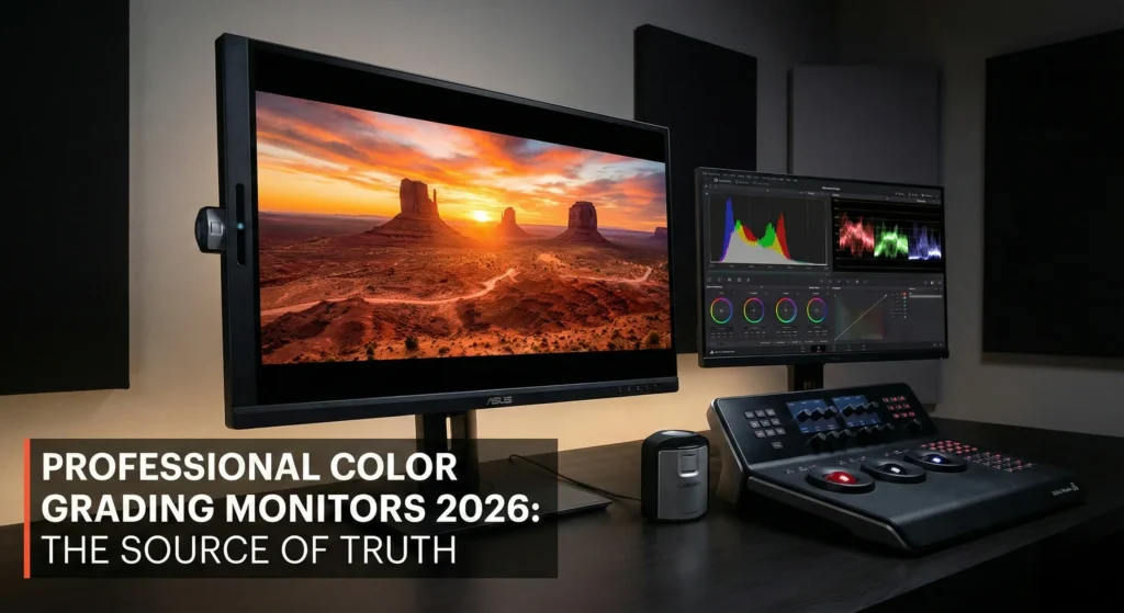A professional 2026 color grading suite featuring a high-end reference monitor, a dedicated DaVinci Resolve color grading panel with trackballs, and calibrated studio lighting. Text overlay: "PROFESSIONAL COLOR GRADING MONITORS 2026: THE SOURCE OF TRUTH."