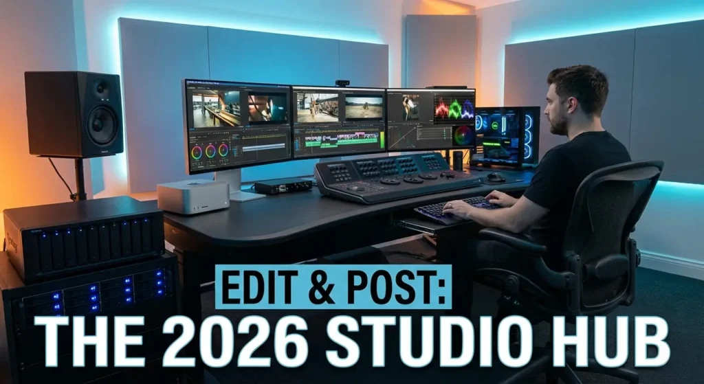 A professional 2026 video editing studio hub. An editor sits in a Herman Miller Aeron chair at a height-adjustable desk. The desk features a Mac Studio M4 Ultra, a dual-monitor setup with ASUS ProArt and BenQ 4K reference displays, and a Blackmagic Design DaVinci Resolve Speed Editor console. A Synology NAS and Gen6 NVMe SSDs are visible for high-speed storage. Text overlay: "EDIT & POST: THE 2026 STUDIO HUB."