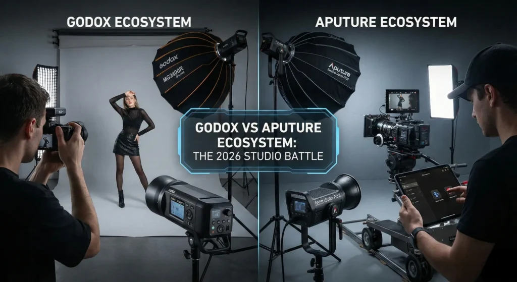 A professional 2026 studio split-screen comparison. On the left, the Godox Ecosystem features the MG2400R Bi-Color LED and the AD600Pro II strobe. On the right, the Aputure Ecosystem features the Electro Storm XT26 and a cinematographer using the Sidus Link Pro app on an iPad. Text overlay: "GODOX VS APUTURE ECOSYSTEM: THE 2026 STUDIO BATTLE."
