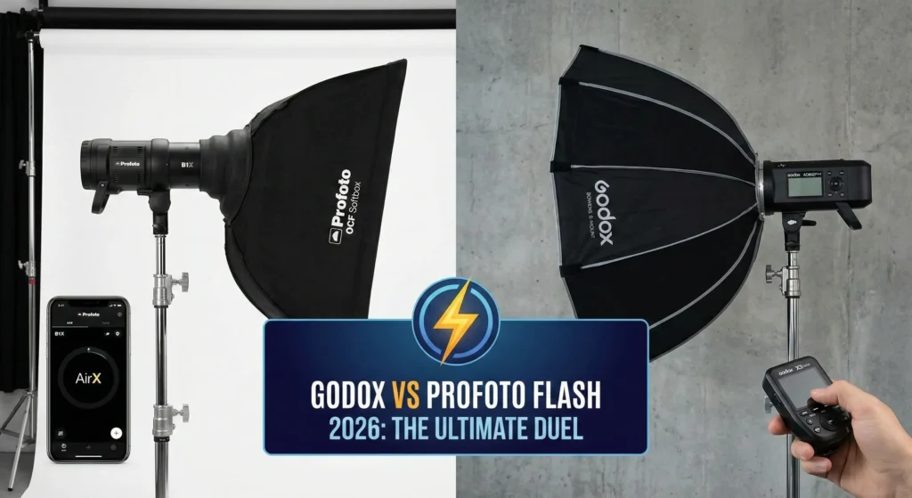 A professional side-by-side comparison of the Profoto B1X with the AirX smartphone app (left) and the Godox AD600Pro II with the X3 Nano wireless trigger (right). Both studio flashes are mounted on stands with professional softbox modifiers. Central graphic: "GODOX VS PROFOTO FLASH 2026: THE ULTIMATE DUEL."