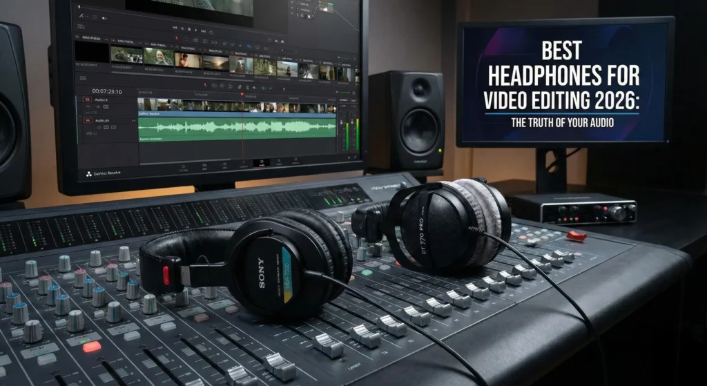 A professional 2026 video editing studio setup featuring the Sony MDR-7506 and Beyerdynamic DT 770 Pro headphones on an audio mixing console. In the background, dual monitors display a DaVinci Resolve timeline and a graphic that reads: "BEST HEADPHONES FOR VIDEO EDITING 2026: THE TRUTH OF YOUR AUDIO."