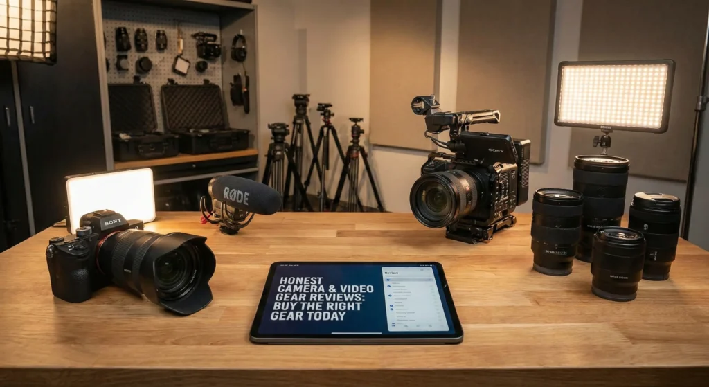 A professional 2026 gear review studio featuring a Sony a7 V, a rigged cinema camera, a collection of high-end lenses, and professional lighting. A tablet in the center displays the headline: "HONEST CAMERA & VIDEO GEAR REVIEWS: BUY THE RIGHT GEAR TODAY." The background shows a gear storage wall with tripods and cases.