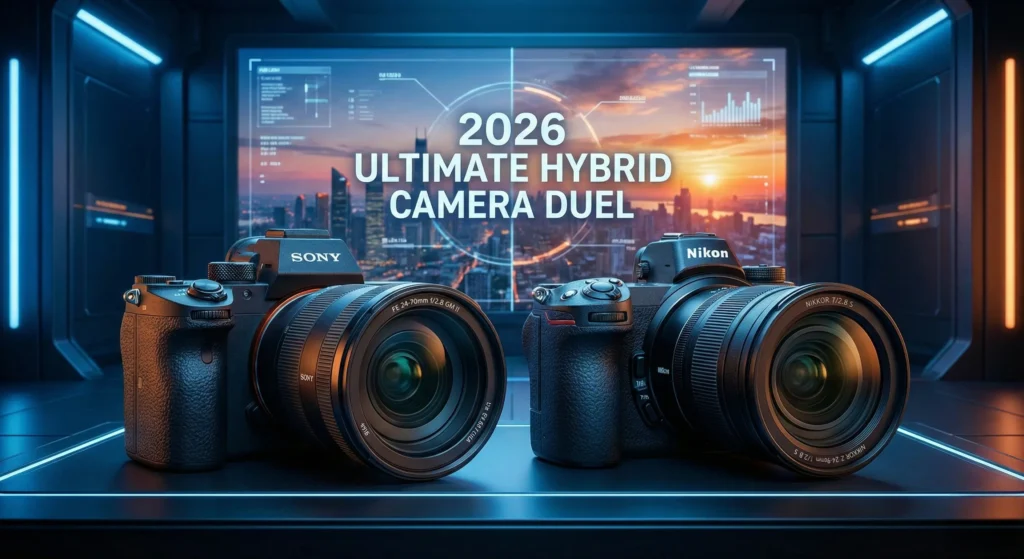 A professional side-by-side product shot of the Sony a7 V and the Nikon Z6 III on a futuristic, illuminated studio platform. In the background, a digital screen displays a cinematic city sunset and HUD graphics with the text "2026 Ultimate Hybrid Camera Duel."