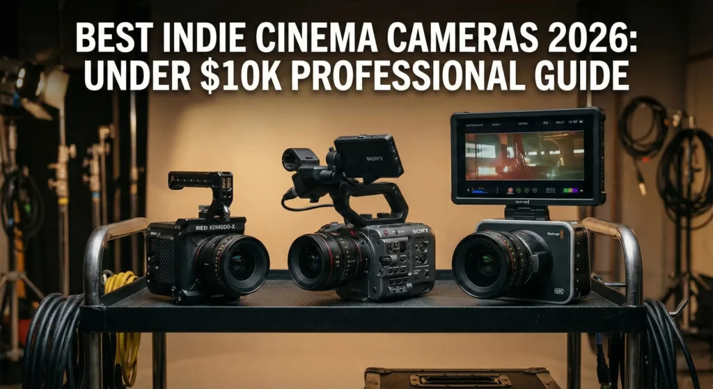 A professional comparison of indie cinema cameras under $10,000 featuring the RED Komodo-X, Sony FX6, and Blackmagic Pyxis 6K rigged with cinema lenses on a production cart in a studio. Text overlay: "Best Indie Cinema Cameras 2026: Under $10k Professional Guide."