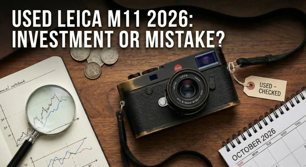 A black Leica M11 rangefinder camera with a brass-patina finish and a "Used - Checked" tag attached to its strap. The camera sits on a wooden desk alongside silver coins, a magnifying glass, a financial notebook with a growth chart, and an October 2026 desk calendar. Text overlay: "Used Leica M11 2026: Investment or Mistake?"