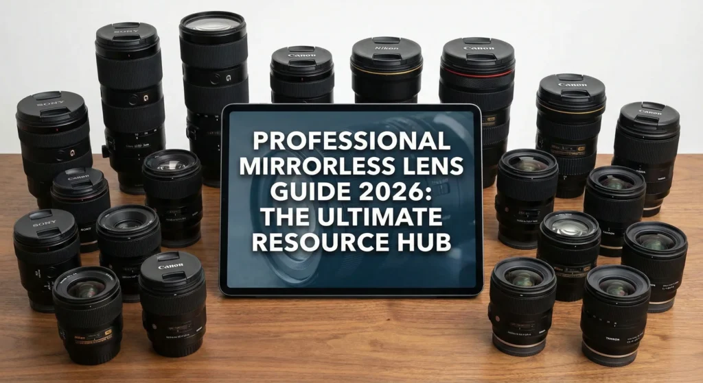 A professional collection of mirrorless lenses from Sony, Canon, Nikon, and Tamron arranged in a semi-circle on a wooden table. A central tablet displays the text: "PROFESSIONAL MIRRORLESS LENS GUIDE 2026: THE ULTIMATE RESOURCE HUB." Studio lighting and a clean white background.