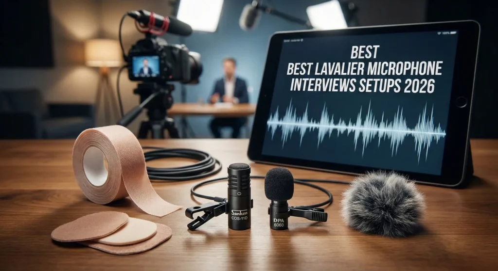A professional 2026 interview audio setup featuring a Sanken COS-11D and DPA 6060 lavalier microphone on a wooden table. Included are medical tape, moleskin pads for hiding mics, and a furry "deadcat" windscreen. In the background, a blurred camera and studio lights point at a subject. A central tablet displays: "BEST LAVALIER MICROPHONE INTERVIEWS SETUPS 2026."
