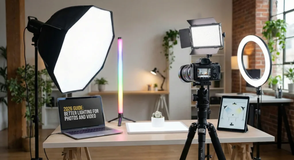 A modern photography and video lighting studio setup for 2026. Featured equipment includes a large octagonal softbox, an RGB tube light, a professional LED panel, and a ring light arranged around a camera on a tripod. A laptop displays the title "2026 Guide: Better Lighting for Photos and Video."