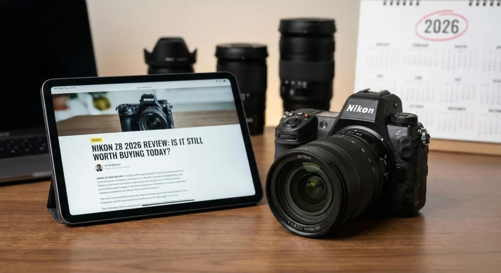 A professional Nikon Z8 mirrorless camera with a 24-70mm f/2.8 lens resting on a wooden desk. Next to it, a tablet displays an article with the headline "Nikon Z8 2026 Review: Is It Still Worth Buying Today?". In the background, a desk calendar shows the year 2026 alongside additional Nikon Z-mount lenses.