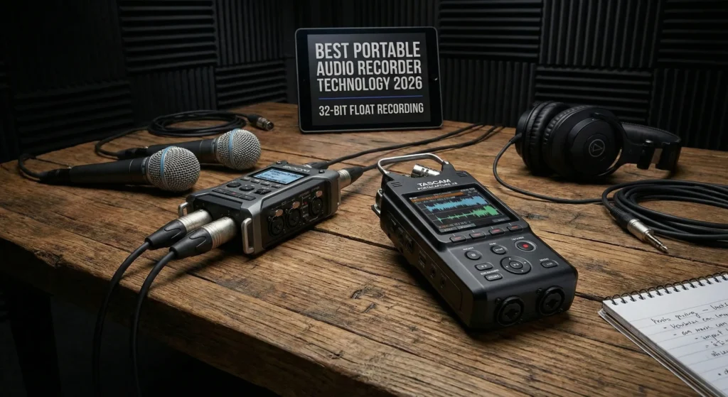 A professional 2026 field recording setup featuring the Zoom F3 and Tascam Portacapture X6 portable audio recorders on a rustic wooden table. The scene includes XLR cables, dynamic microphones, and professional studio headphones. A tablet in the background displays "BEST PORTABLE AUDIO RECORDER TECHNOLOGY 2026: 32-BIT FLOAT RECORDING."
