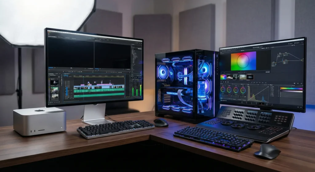 A high-end post-production studio setup featuring an Apple Mac Studio, a custom water-cooled PC with RGB lighting, professional color-grading monitors showing DaVinci Resolve, and a tactile editing control surface.