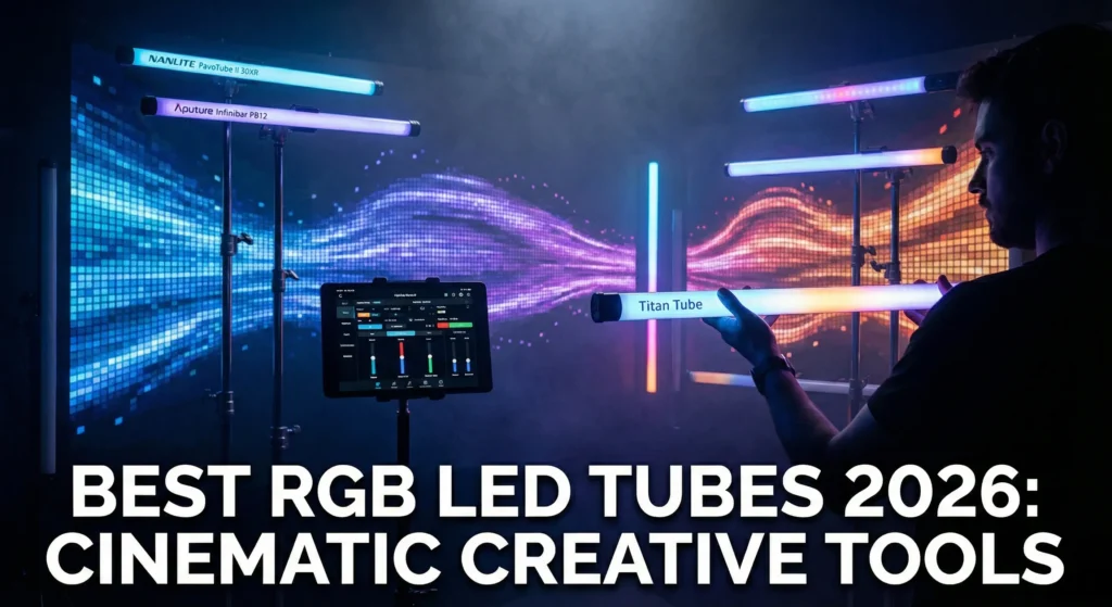 A professional 2026 film production set featuring an array of RGB LED tube lights. A gaffer holds an Astera Titan Tube while other units like the Aputure Infinibar PB12 and Nanlite PavoTube II 30XR are mounted on stands. A tablet shows a pixel-mapping interface controlling the fluid light animations. Graphic overlay: "BEST RGB LED TUBES 2026: CINEMATIC CREATIVE TOOLS."
