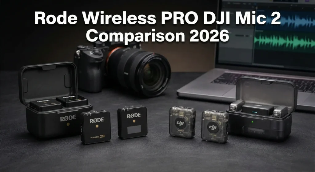 A side-by-side product comparison of the Rode Wireless PRO and DJI Mic 2 systems. Features the transmitters, receivers, and charging cases on a dark studio table with a mirrorless camera and laptop in the background. Text overlay: "Rode Wireless PRO DJI Mic 2 Comparison 2026."
