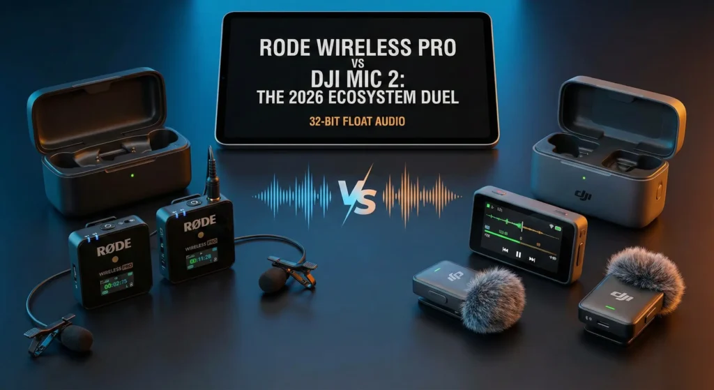 A professional side-by-side comparison of the Rode Wireless PRO and DJI Mic 2 systems. The Rode units (left) are shown with locking lavalier mics, while the DJI units (right) feature their signature magnetic clips and windscreens. A central tablet displays the headline: "RODE WIRELESS PRO VS DJI MIC 2: THE 2026 ECOSYSTEM DUEL."