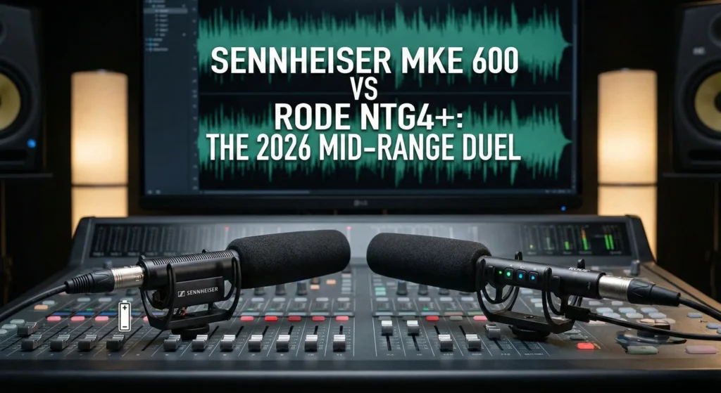 A professional comparison of the Sennheiser MKE 600 and Rode NTG4+ shotgun microphones placed on a recording studio mixing console. In the background, a monitor displays an audio waveform under the title: "SENNHEISER MKE 600 VS RODE NTG4+: THE 2026 MID-RANGE DUEL."