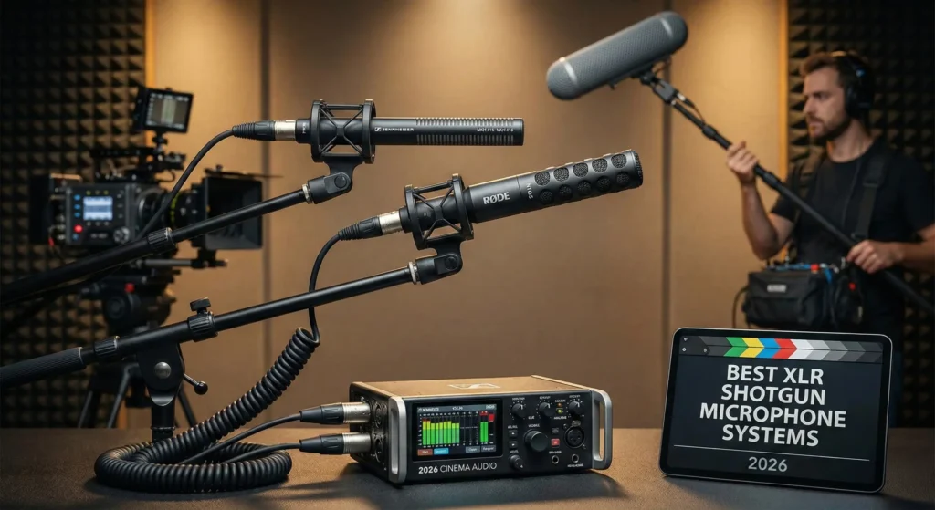A professional cinema audio setup for 2026 featuring the Sennheiser MKH 416 and Rode NTG5 shotgun microphones in shock mounts. A field recorder with a live waveform display sits in the foreground, while a boom operator works in the background of a professional studio. A tablet displays "BEST XLR SHOTGUN MICROPHONE SYSTEMS 2026."