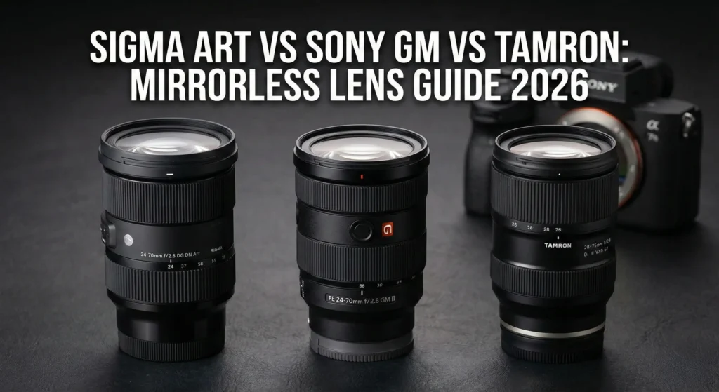 A professional comparison of flagship mirrorless lenses featuring a Sony 24-70mm GM II, a Sigma 24-70mm Art, and a Tamron 28-75mm G2 aligned on a dark studio surface with a Sony camera in the background. Text overlay: "Sigma Art vs Sony GM vs Tamron: Mirrorless Lens Guide 2026."