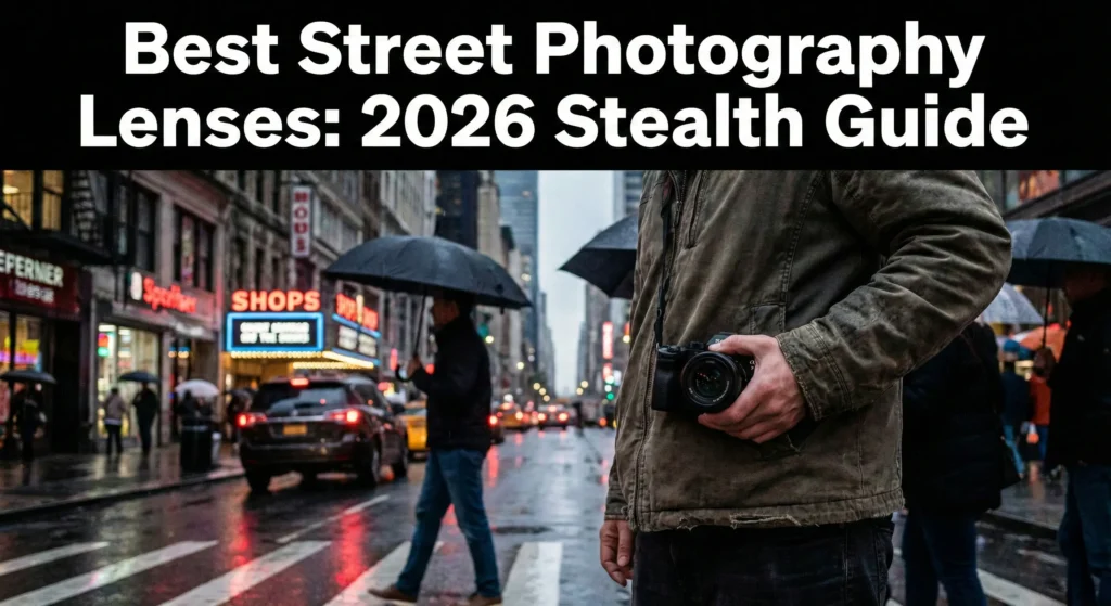 A compact Sony Alpha mirrorless camera with the small Sony 40mm f/2.5 G lens attached, resting on a weathered stone ledge in a narrow European cobblestone street at dusk. Text overlay: "Best Street Photography Lenses: 2026 Stealth Guide."