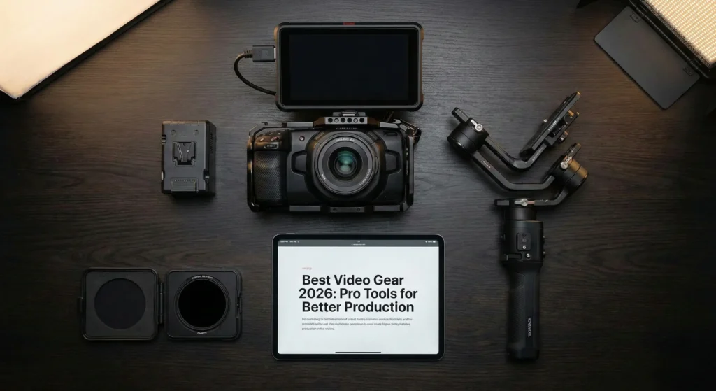 A professional flat-lay of essential 2026 video production gear on a dark wooden surface. Included are a rigged cinema camera with an external monitor, a handheld gimbal, a V-mount battery, and a variable ND filter set. A central tablet displays the headline: "Best Video Gear 2026: Pro Tools for Better Production."
