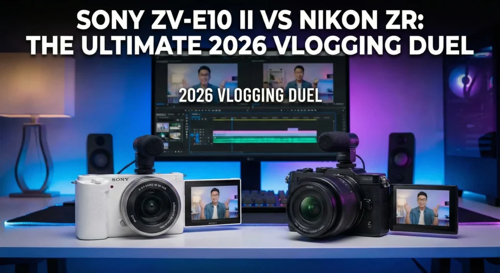 A vlogging comparison setup on a desk with a white Sony ZV-E10 II (left) and a rigged black Nikon ZR cinema camera (right). In the background, a computer monitor shows video editing software with a "2026 Vlogging Duel" graphic. The room is lit with blue and purple studio neon lights.