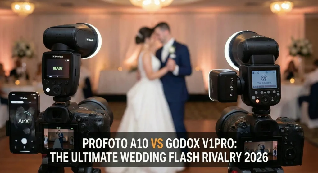 A professional 2026 side-by-side comparison of the Profoto A10 and Godox V1Pro round-head speedlights. On the left, a Canon camera with the Profoto A10 shows the AirX app integration. On the right, a Sony camera with the Godox V1Pro features the SU-1 "Sub-Flash" accessory. In the blurred background, a couple celebrates at a wedding reception. Graphic overlay: "PROFOTO A10 VS GODOX V1PRO: THE ULTIMATE WEDDING FLASH RIVALRY 2026."