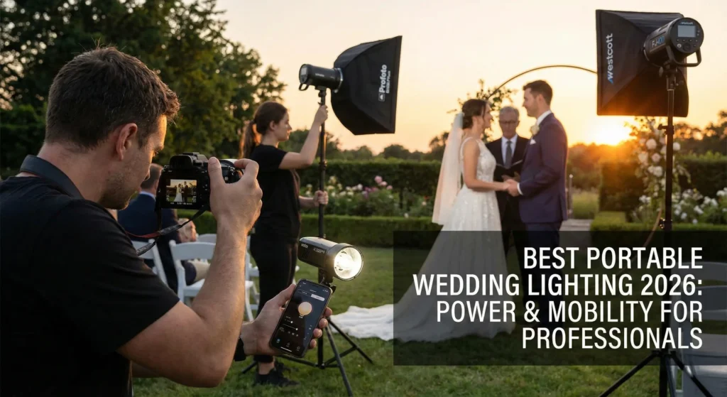 A professional 2026 outdoor wedding photography scene at sunset. A photographer uses a mirrorless camera and a smartphone app to control a portable flash setup. The equipment includes a Godox AD200Pro II on a stand, a Profoto B10X Plus with a softbox, and a Westcott FJ400. Text overlay: "BEST PORTABLE WEDDING LIGHTING 2026: POWER & MOBILITY FOR PROFESSIONALS."