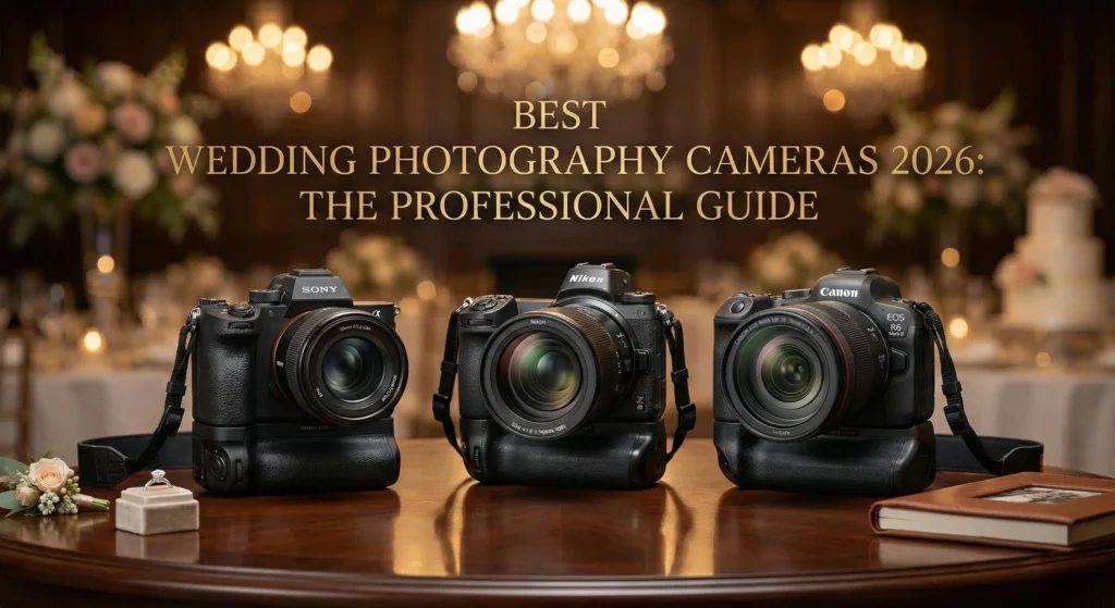 Flagship wedding photography cameras (Sony a7 V, Nikon Z6 III, and Canon R6 III) with vertical battery grips, displayed on a mahogany table at a wedding reception with bokeh candlelight and floral arrangements. Text overlay: "Best Wedding Photography Cameras 2026: The Professional Guide."